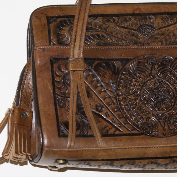 Hand carved tooled leather purse Aztec sun and flower designs genuine leather - Picture 7 of 10